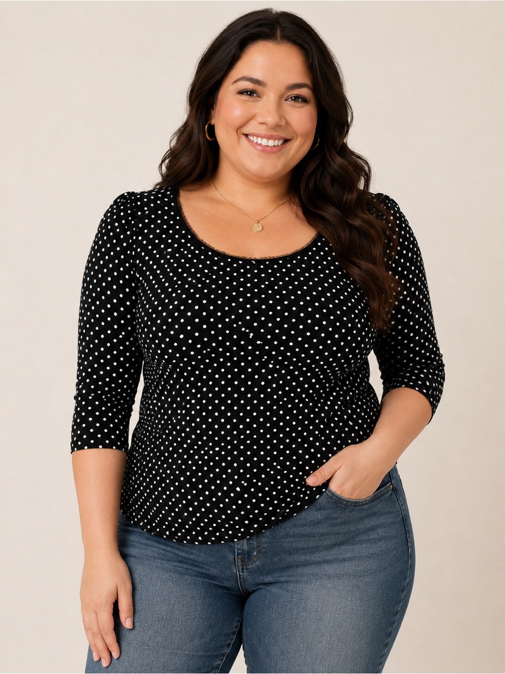 White House Black Market Black & White Polka Dot 3/4 Sleeve Scoop Neck Top